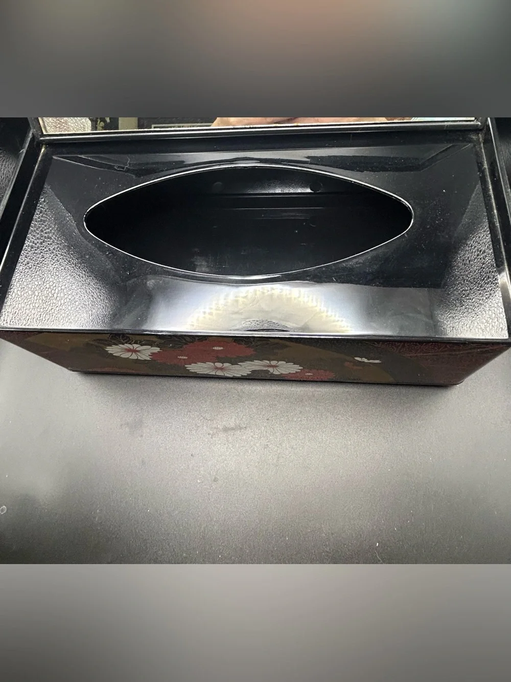 Vintage Tissue Box Holder With Flip Up Mirror Floral Design Made In Japan.